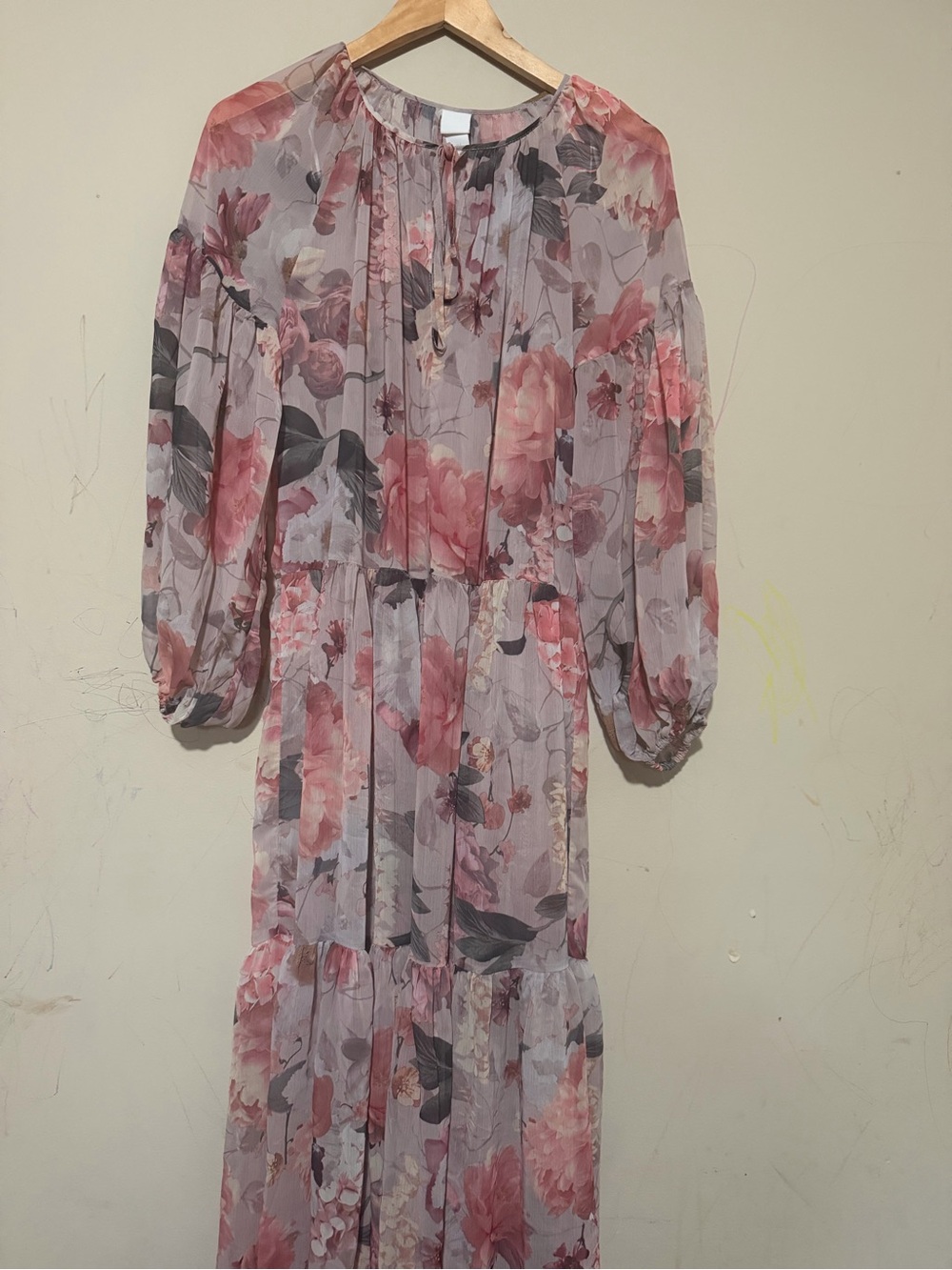 Sheer Floral Pink Long Sleeve Tiered Dress
